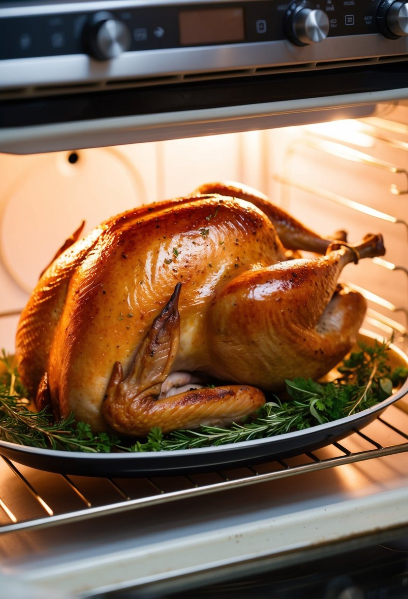 A plump, golden-brown turkey roasting in the oven surrounded by sprigs of fresh herbs and aromatic spices