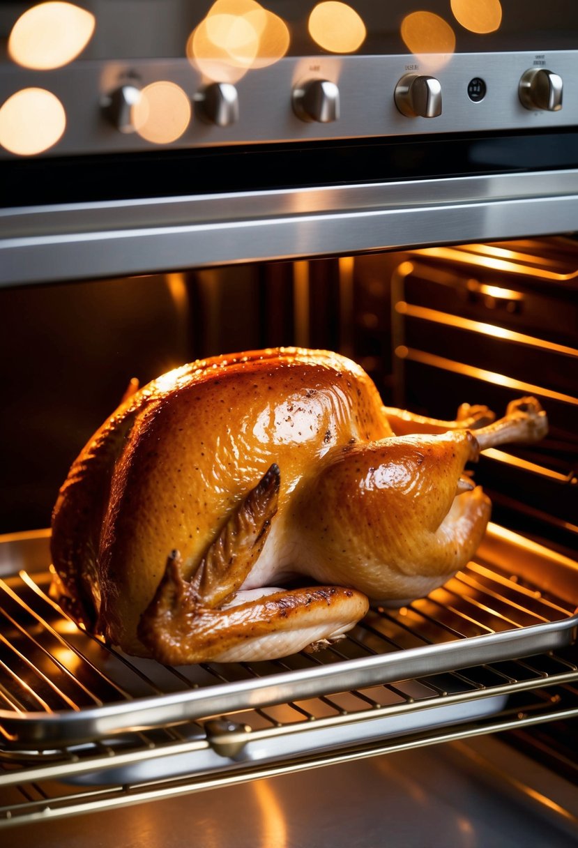 A golden brown turkey breast, glistening with maple glaze, roasting in a gleaming oven