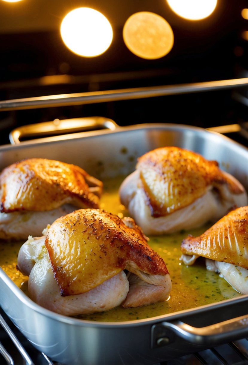 Golden-brown turkey thighs sizzling in a pool of garlic butter in a roasting pan in the oven