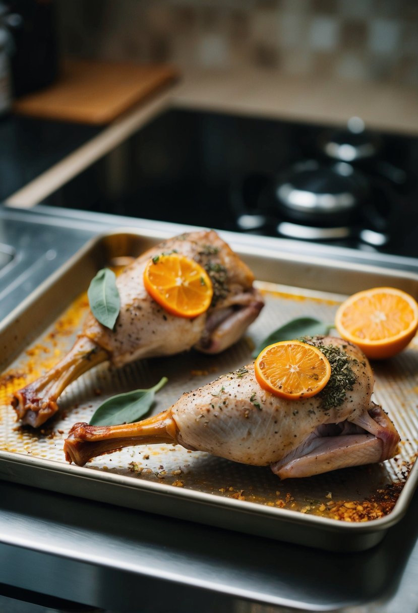 Two turkey legs seasoned with citrus and sage, placed on a baking tray ready to be cooked in the oven