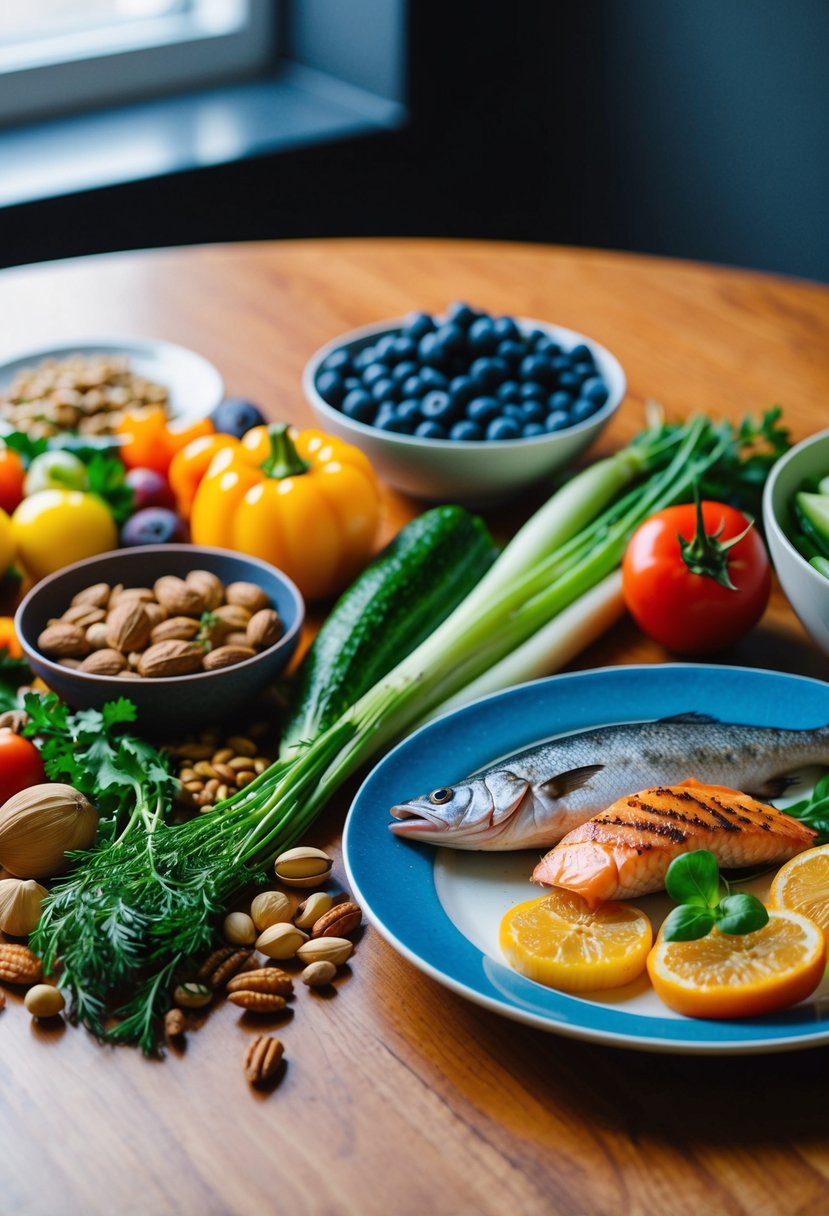 A table with a variety of colorful vegetables, nuts, and seeds, alongside a bowl of berries and a plate of grilled fish