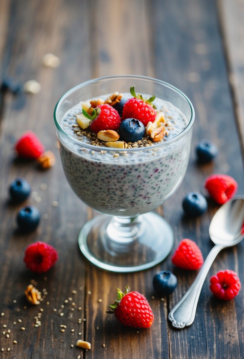 A glass bowl filled with chia seed pudding topped with fresh berries and a sprinkle of nuts, set on a rustic wooden table