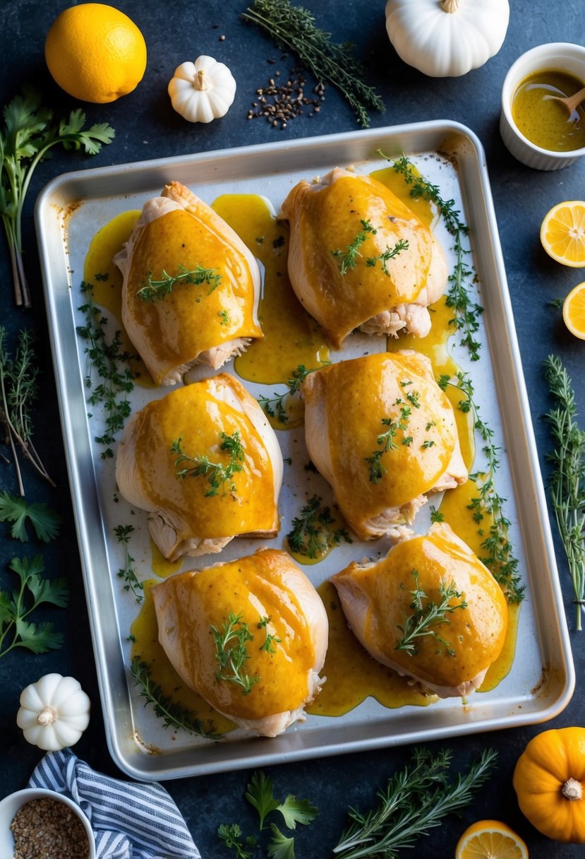 A platter of honey mustard glazed turkey portions on a baking sheet surrounded by fresh herbs and spices