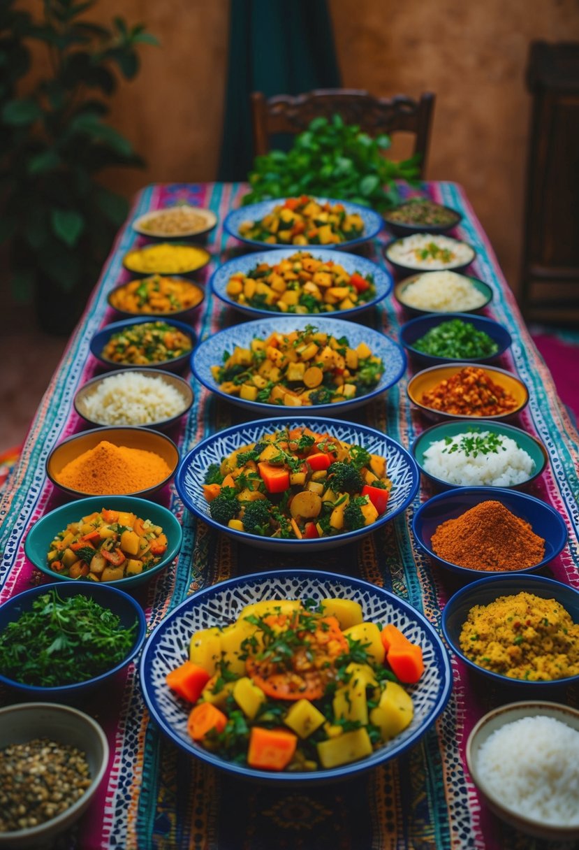 A colorful spread of Moroccan vegetarian dishes on a patterned tablecloth, surrounded by vibrant spices and herbs