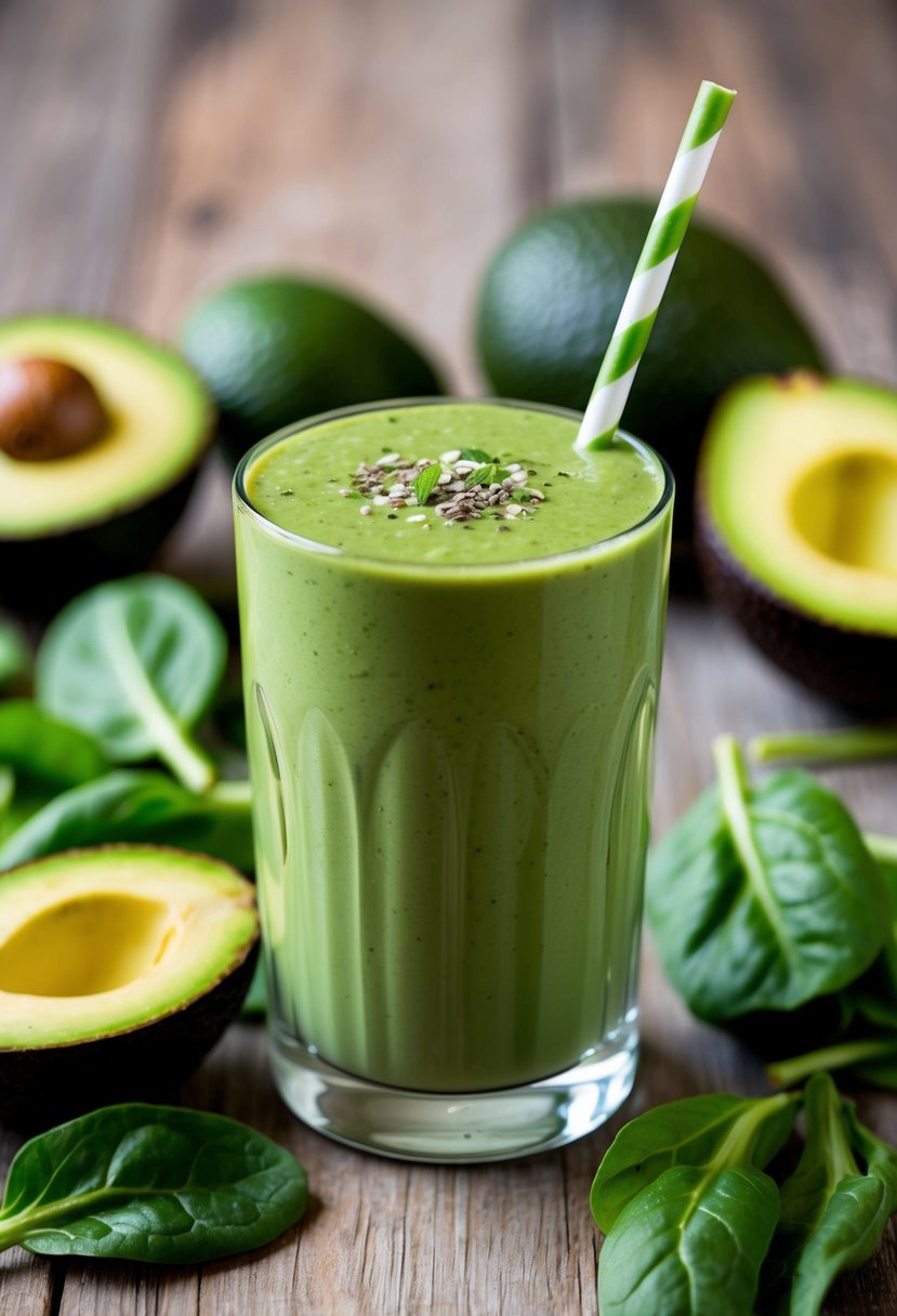 A glass filled with a green avocado spinach smoothie surrounded by fresh ingredients like avocados and spinach leaves