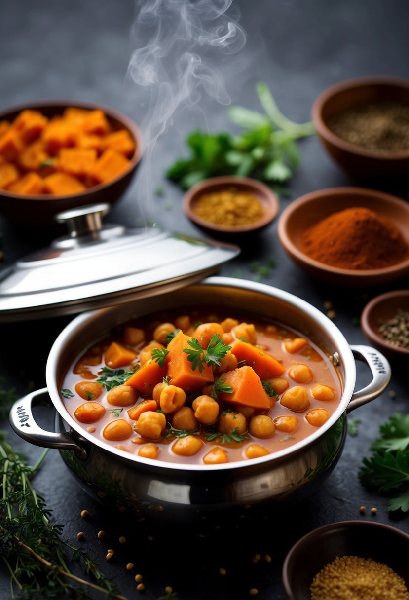 A steaming pot of Moroccan Chickpea and Sweet Potato Stew surrounded by traditional Moroccan spices and herbs