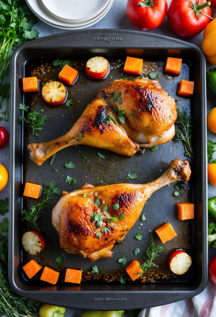 Two teriyaki turkey drumsticks on a baking tray, surrounded by colorful vegetables and herbs, ready to be placed in the oven