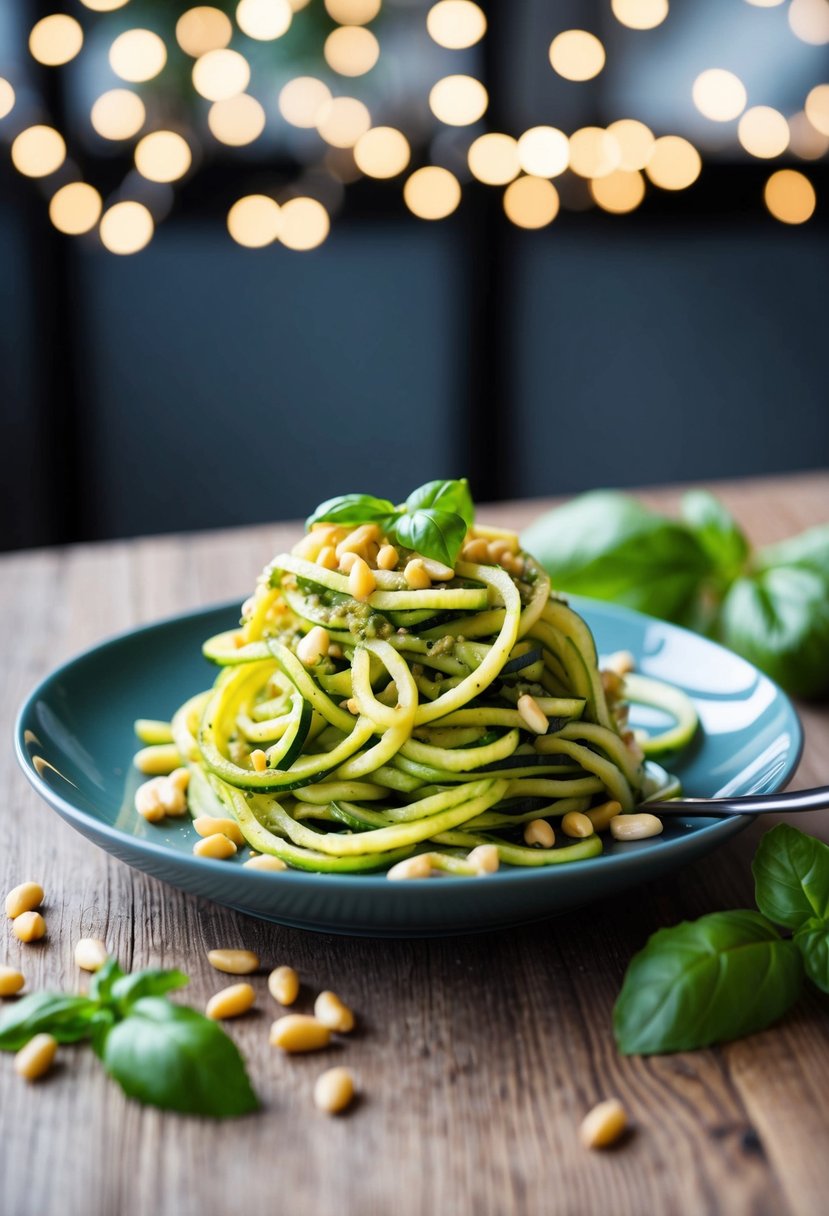 A plate of zucchini noodles topped with pesto sauce and garnished with pine nuts and fresh basil leaves