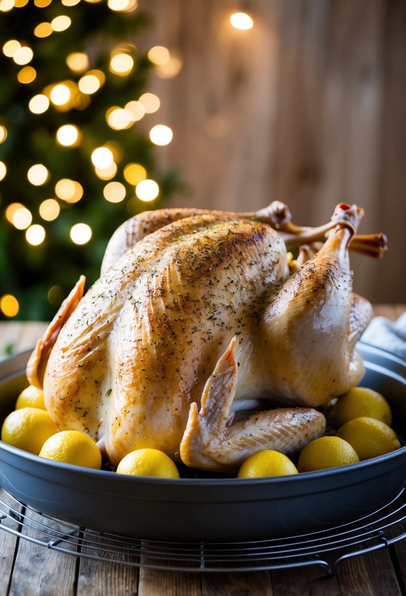 A whole turkey sprinkled with lemon pepper seasoning, placed on a roasting tray, ready to be cooked in the oven