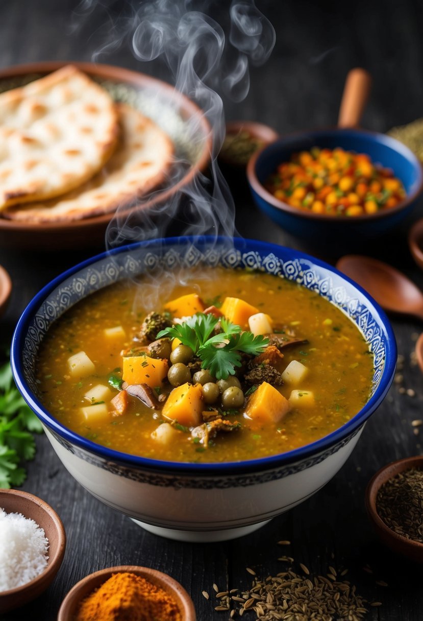 A steaming bowl of harira soup surrounded by traditional Moroccan spices and herbs