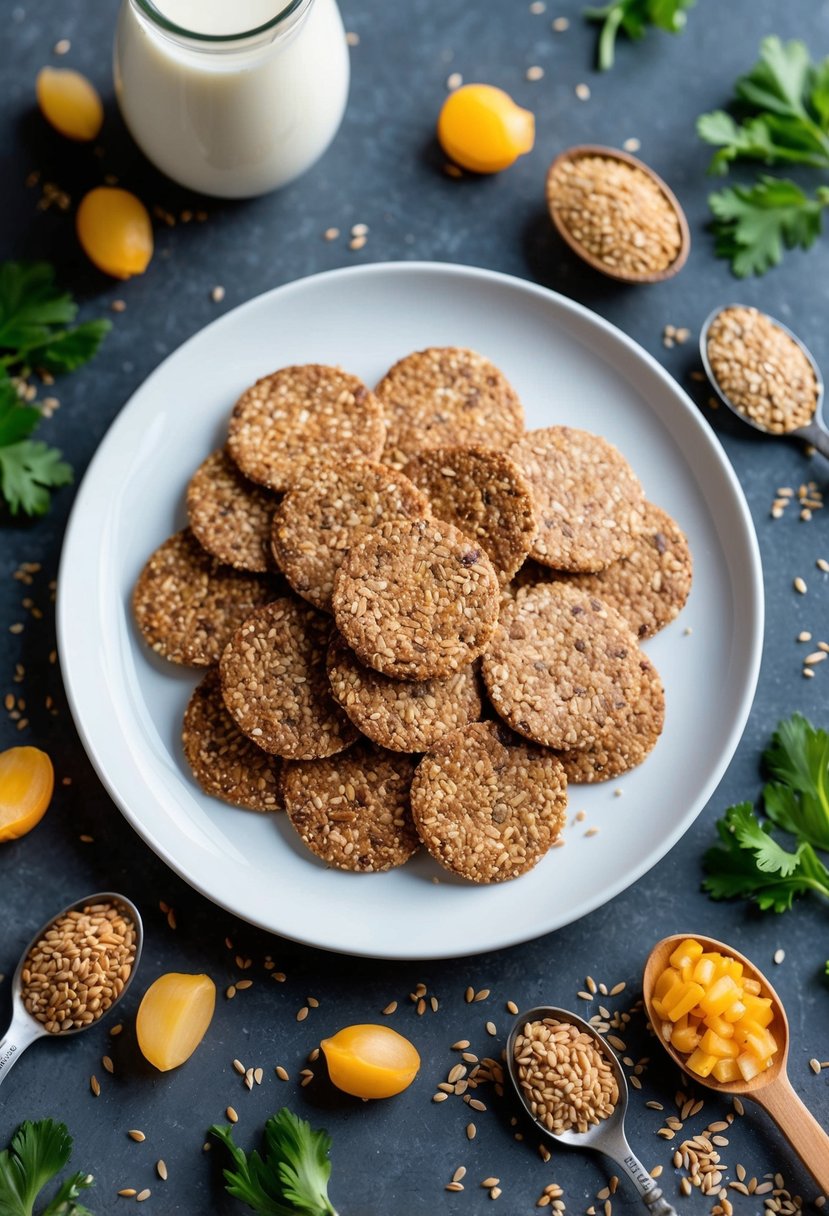 A plate of flaxseed crackers surrounded by keto-friendly high fiber ingredients