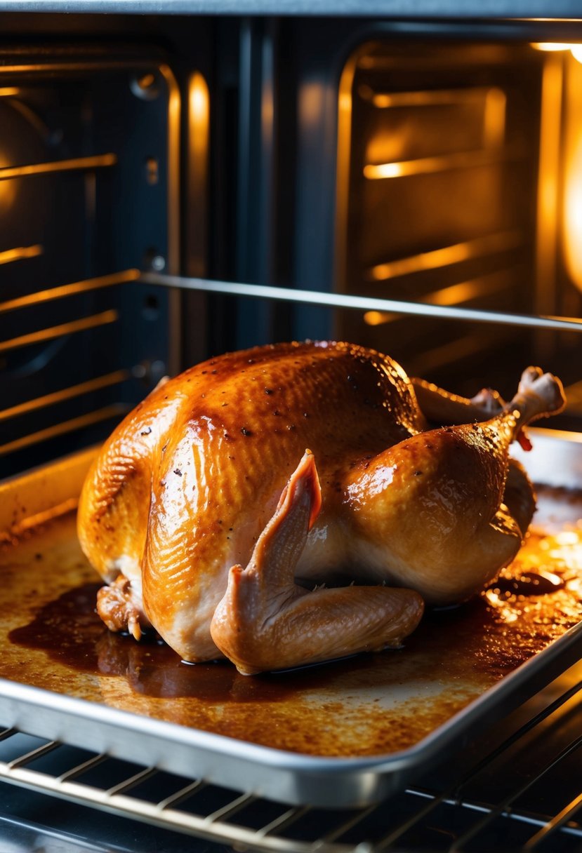 A golden brown turkey piece coated in rich balsamic glaze, sizzling on a baking tray in a hot oven