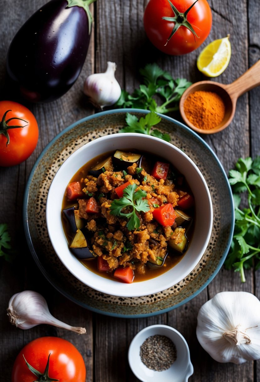 A bowl of zaalouk surrounded by ingredients like eggplant, tomatoes, garlic, and spices on a rustic wooden table