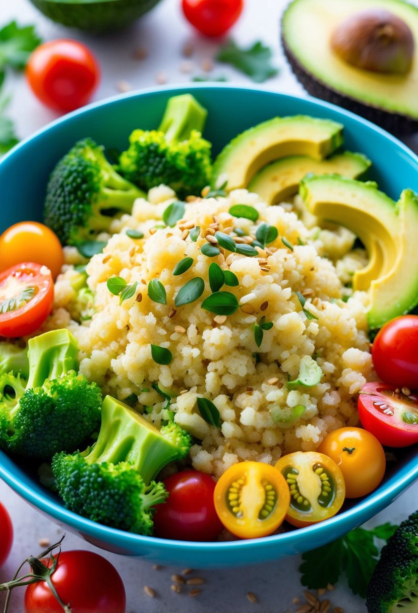 A colorful bowl filled with cauliflower rice and broccoli, surrounded by vibrant, fresh ingredients like avocado, cherry tomatoes, and a sprinkle of flaxseeds