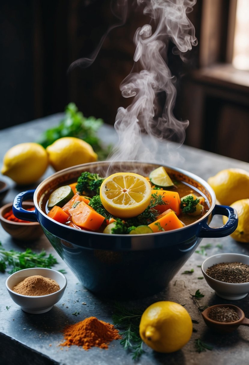 A steaming pot of vegetable tagine with preserved lemon, surrounded by colorful spices and herbs on a rustic table