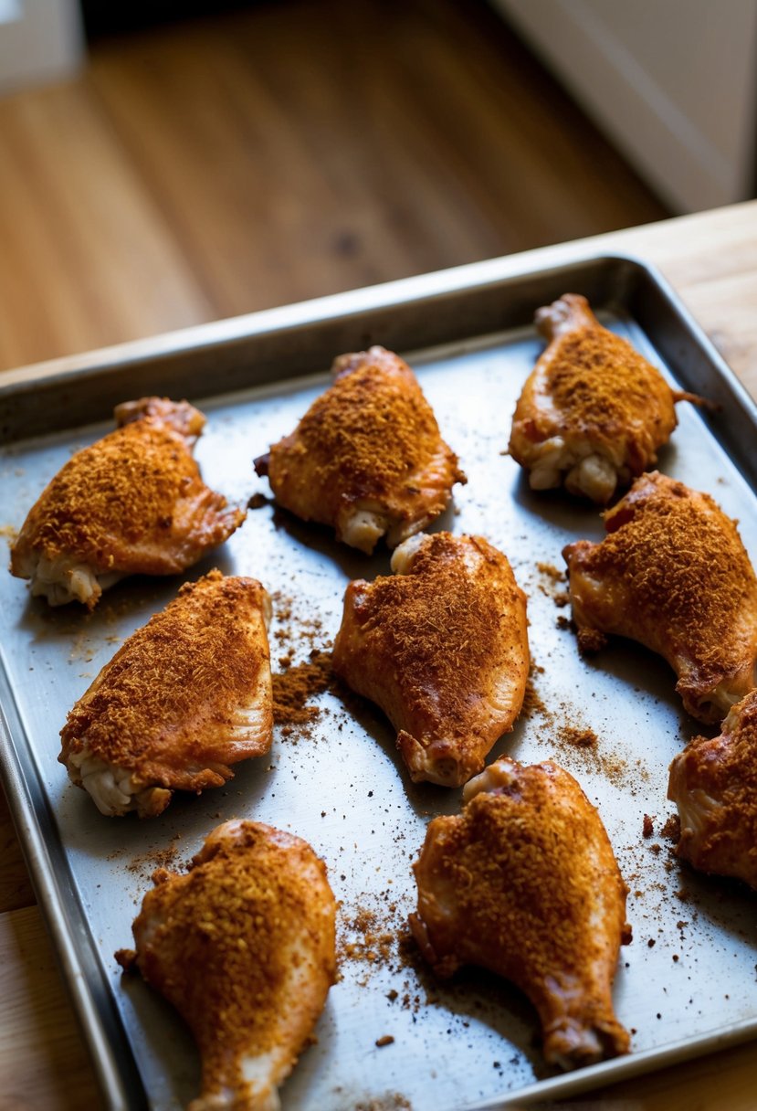 Turkey wings coated in BBQ rub, arranged on a baking sheet, ready to be placed in the oven