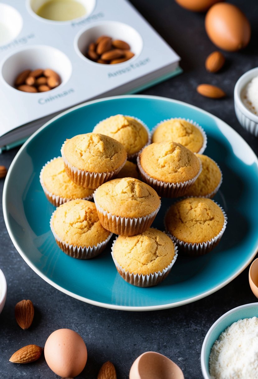 A plate of almond flour muffins surrounded by ingredients like almonds, eggs, and coconut flour, with a keto recipe book in the background