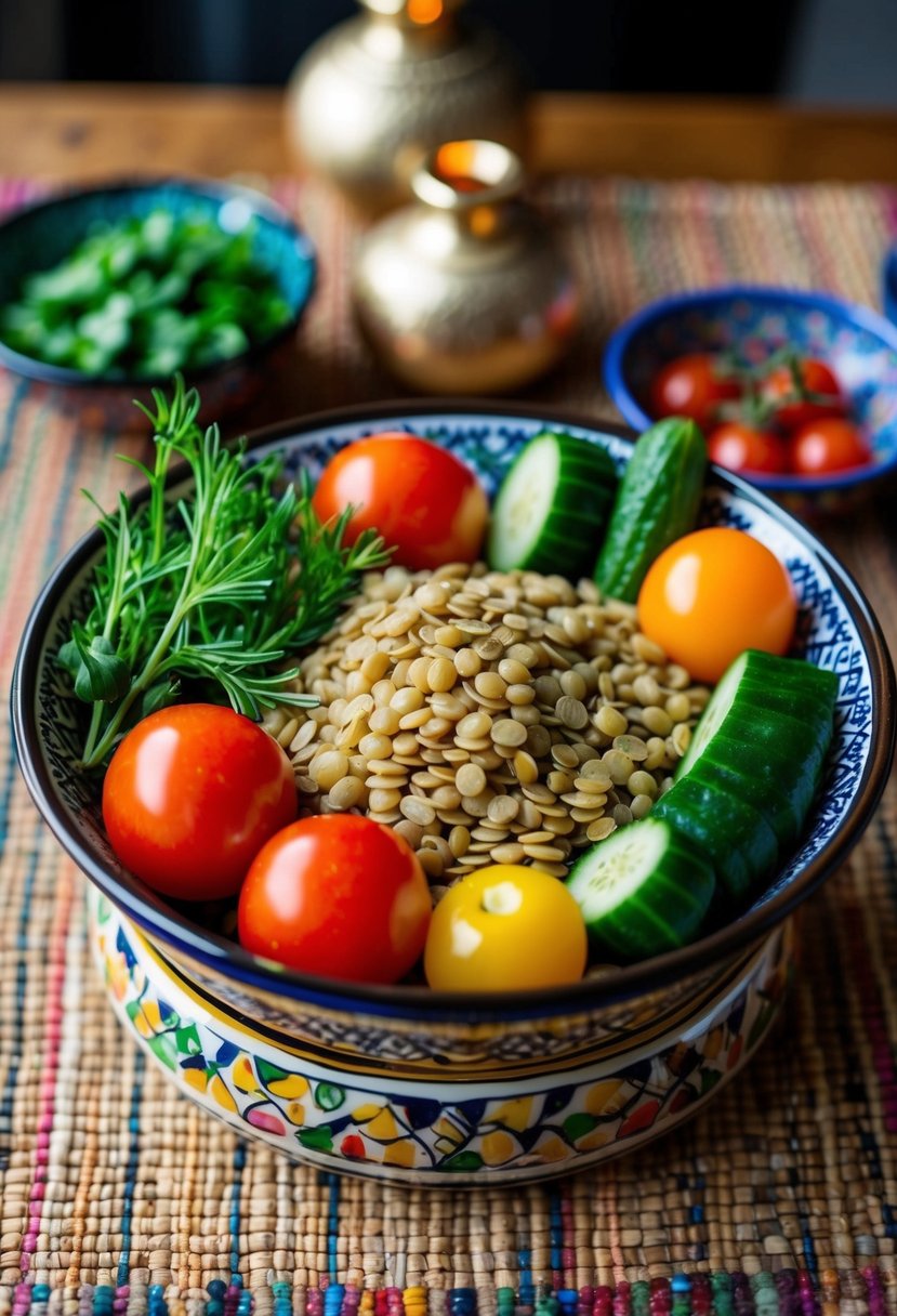 A colorful array of lentils, tomatoes, cucumbers, and herbs, arranged in a decorative Moroccan-inspired bowl