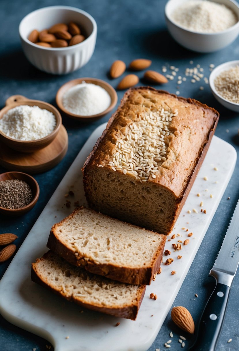 A loaf of keto fiber bread surrounded by ingredients like almond flour, psyllium husk, and flaxseed, with a cutting board and knife nearby