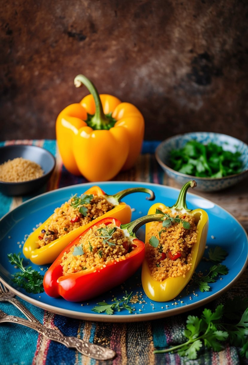 A colorful plate of stuffed bell peppers with couscous, garnished with fresh herbs and spices, set against a rustic Moroccan backdrop