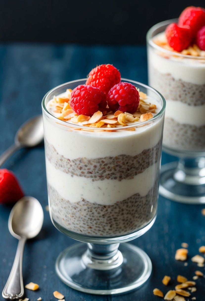 A glass parfait dish filled with layers of coconut chia pudding, topped with fresh berries and a sprinkle of toasted coconut flakes