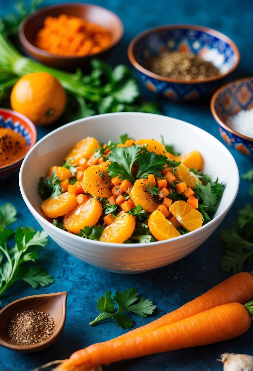 A vibrant bowl of carrot and orange salad, surrounded by traditional Moroccan ingredients and spices, with a focus on the fresh, colorful produce