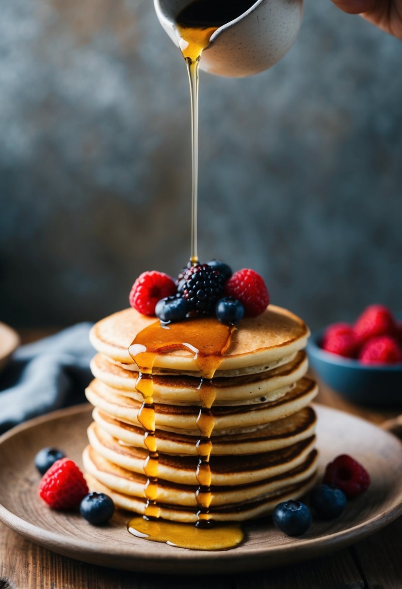 A stack of golden brown Psyllium Husk Pancakes topped with fresh berries and a drizzle of sugar-free syrup on a rustic wooden plate