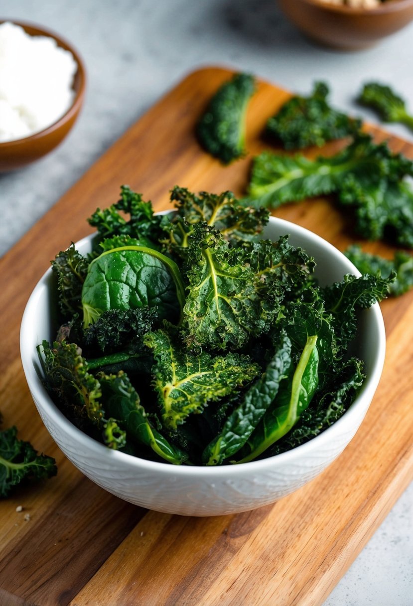 A bowl of crispy green spinach and kale chips on a wooden cutting board