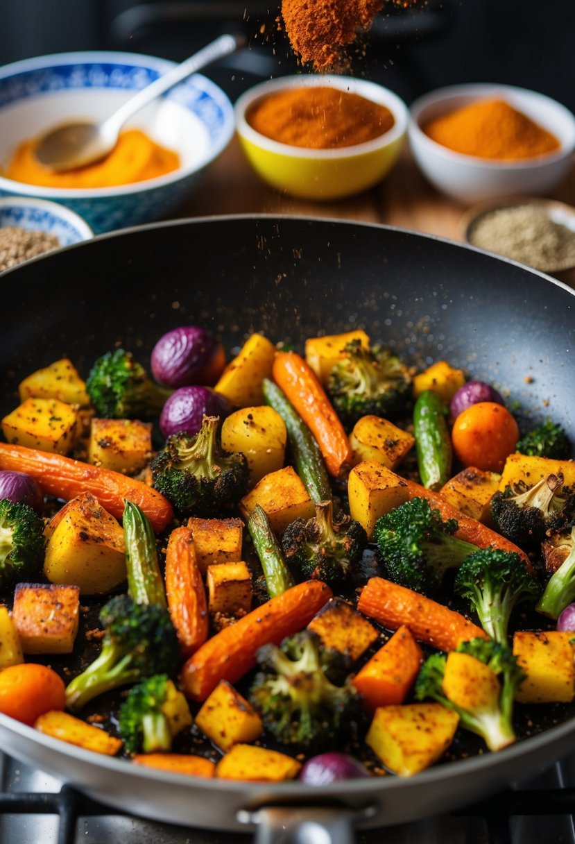 A colorful array of spiced roasted vegetables sizzling on a hot pan, with aromatic Moroccan spices sprinkled on top