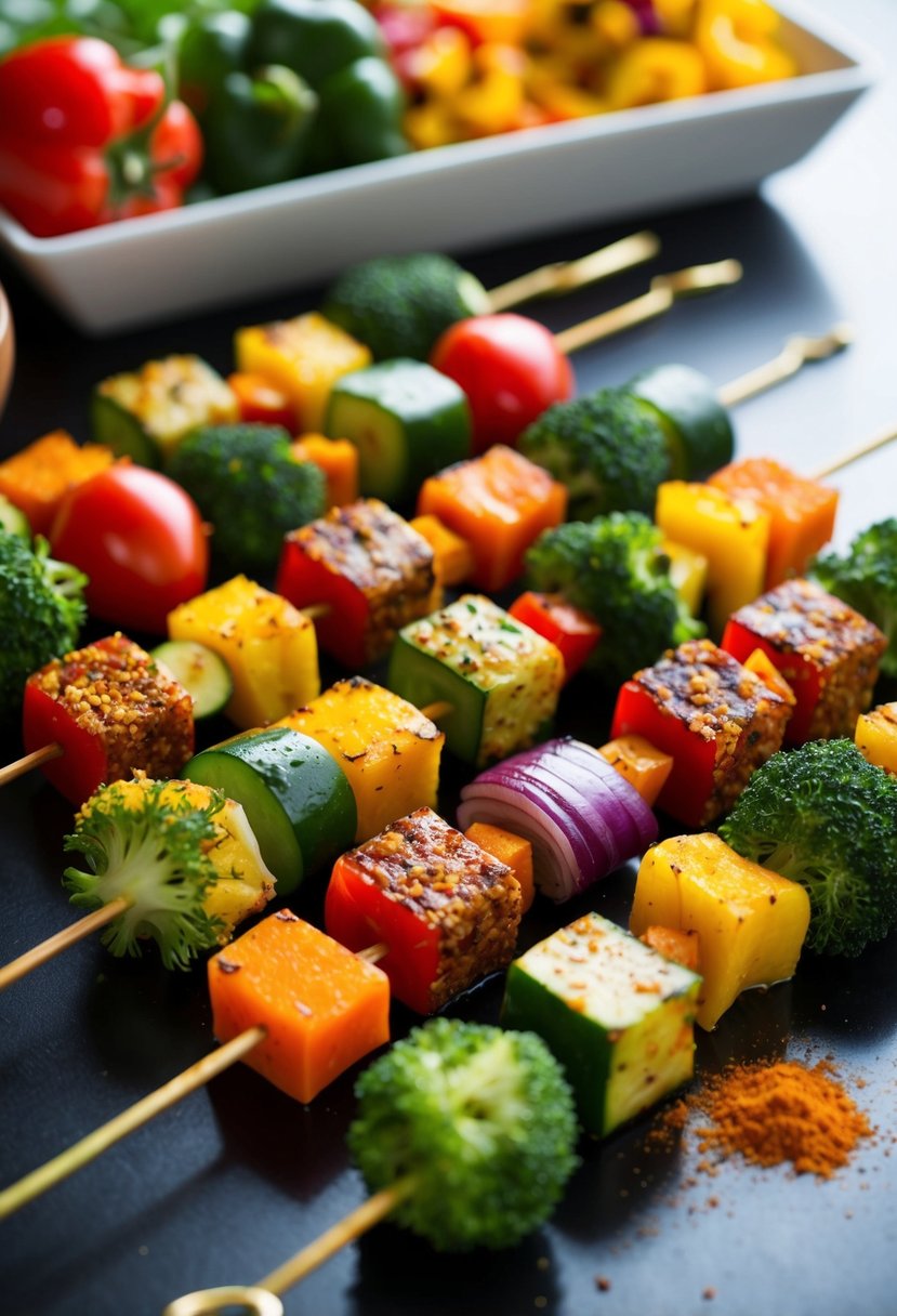 A table set with colorful skewers of assorted vegetables, coated in aromatic Moroccan spices, ready for grilling