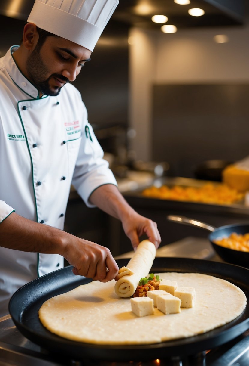 A chef rolling out dough, stuffing it with paneer filling, and cooking it on a hot griddle