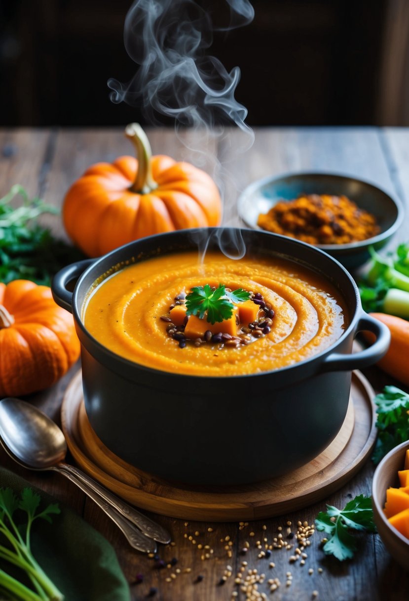 A steaming pot of pumpkin and sweet potato soup surrounded by Moroccan spices and fresh vegetables