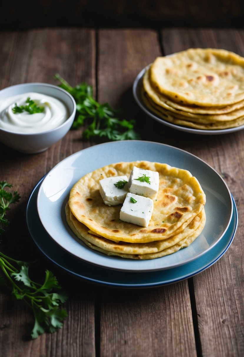 A rustic kitchen table set with a plate of freshly cooked paneer parathas, accompanied by a bowl of creamy yogurt and a stack of golden, flaky parathas