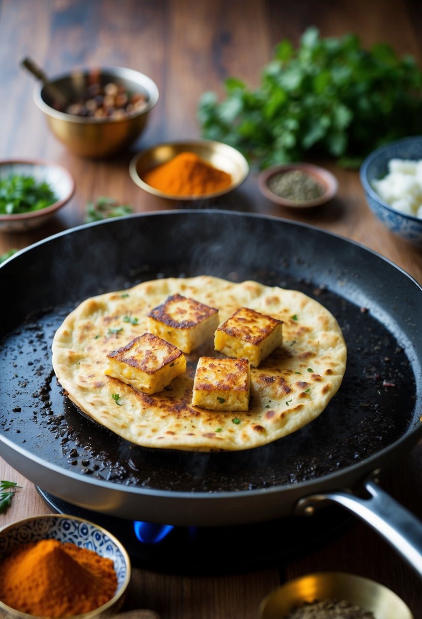 A sizzling, golden-brown paneer paratha being cooked on a hot griddle, surrounded by aromatic spices and herbs