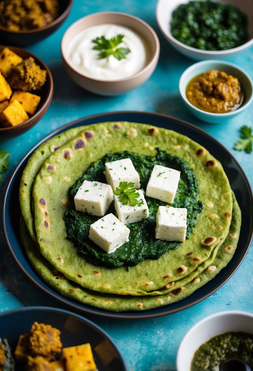 A table set with freshly cooked paneer and spinach parathas, accompanied by a bowl of yogurt and a variety of colorful chutneys