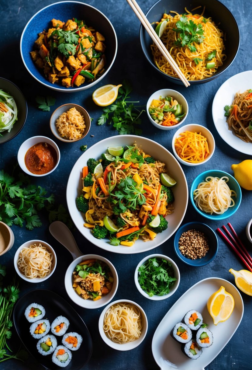 A table spread with colorful and flavorful gluten-free vegan Asian dishes, including stir-fries, sushi rolls, and noodle bowls, with a variety of fresh herbs and spices