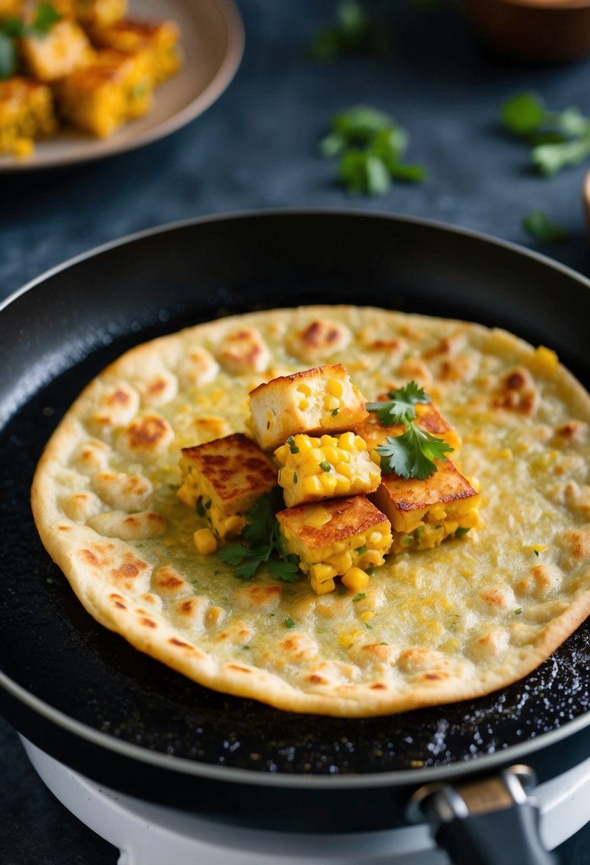 A golden-brown paneer and corn stuffed paratha sizzling on a hot griddle