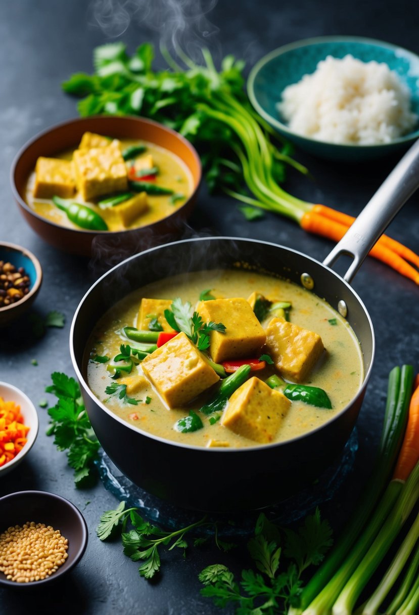 A steaming pot of Thai coconut curry with tofu, surrounded by colorful vegetables and aromatic herbs