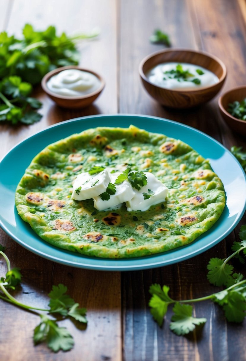 A plate of freshly cooked mint paneer paratha with a side of yogurt and a sprinkle of chopped cilantro on a wooden table