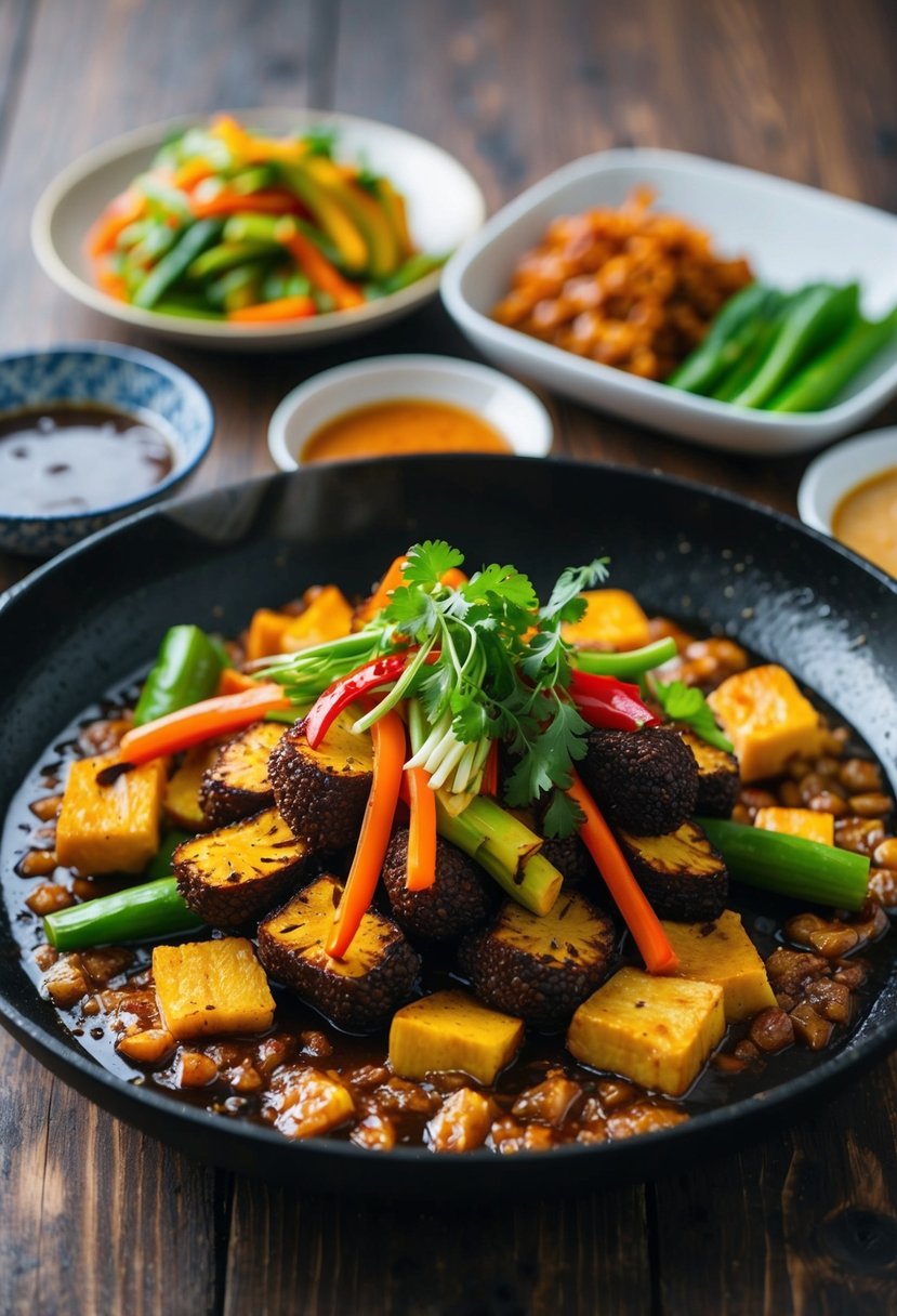 A sizzling Korean BBQ jackfruit dish with colorful vegetables and a variety of gluten-free, vegan Asian sauces on a wooden table