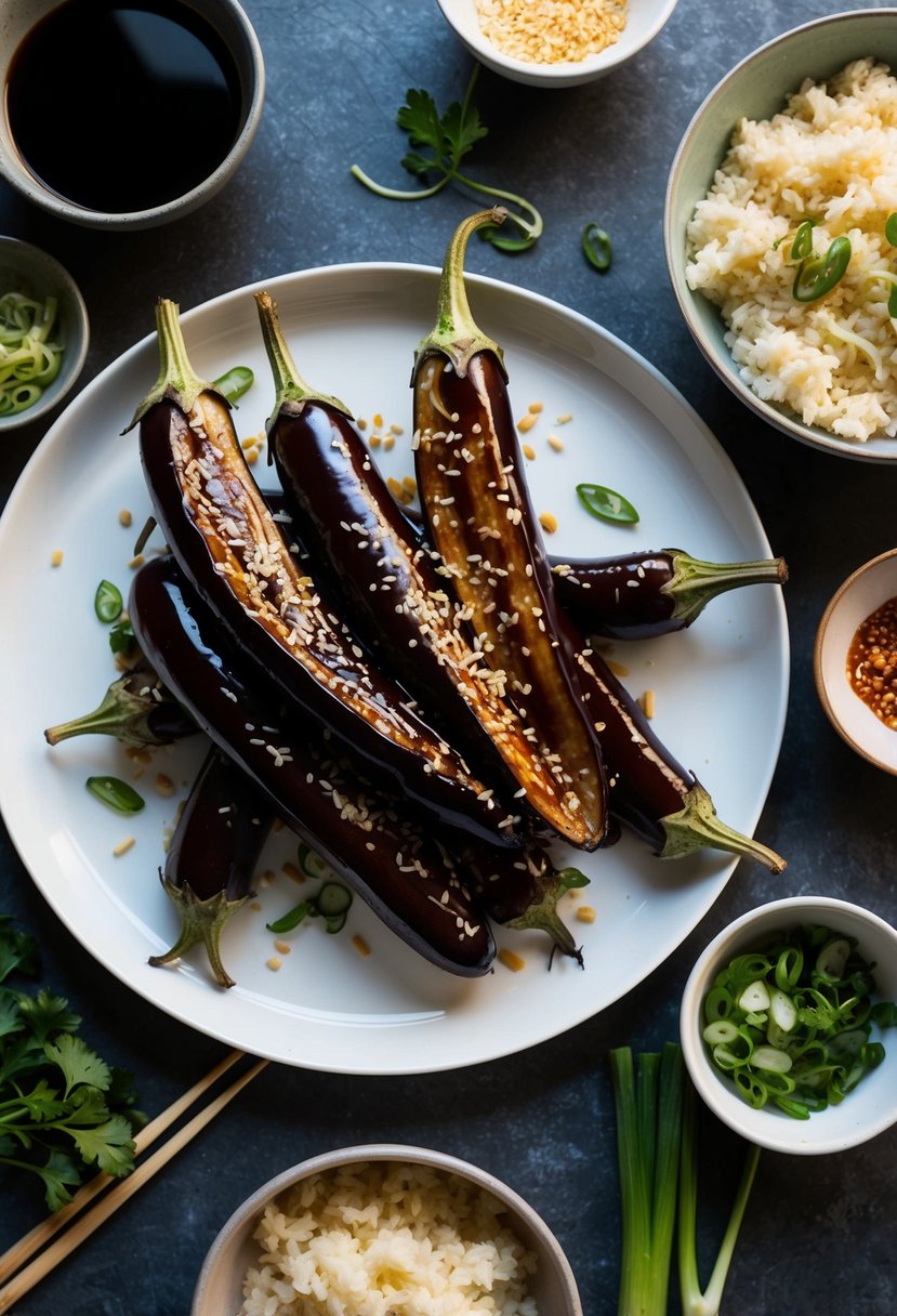 A platter of miso glazed eggplant surrounded by Asian ingredients