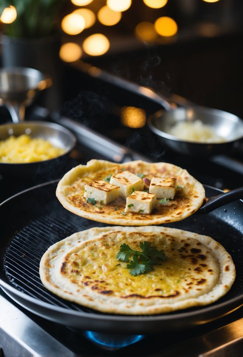 A sizzling paneer and onion paratha cooking on a hot griddle