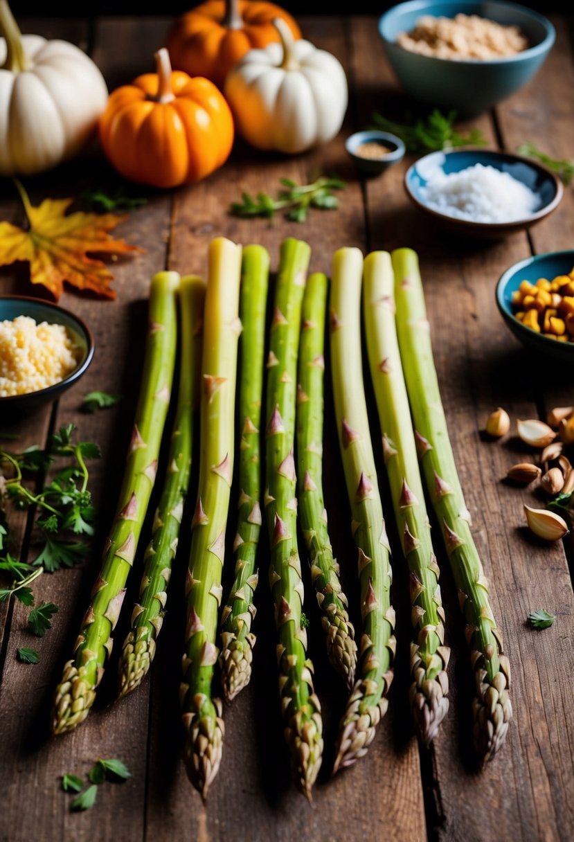 Fresh asparagus spears arranged on a rustic wooden table with a variety of Thanksgiving recipe ingredients scattered around