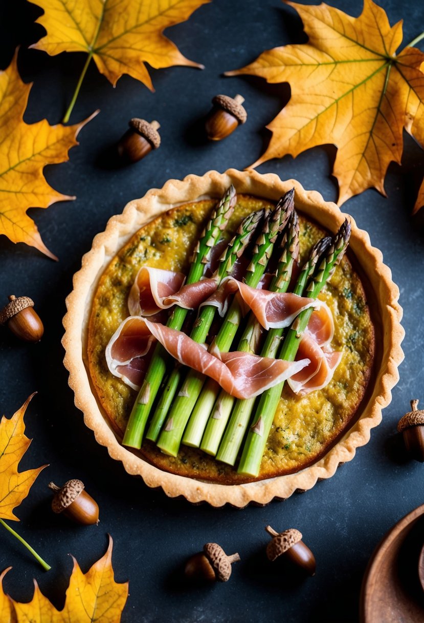 A rustic tart with asparagus spears and prosciutto, surrounded by autumn leaves and acorns