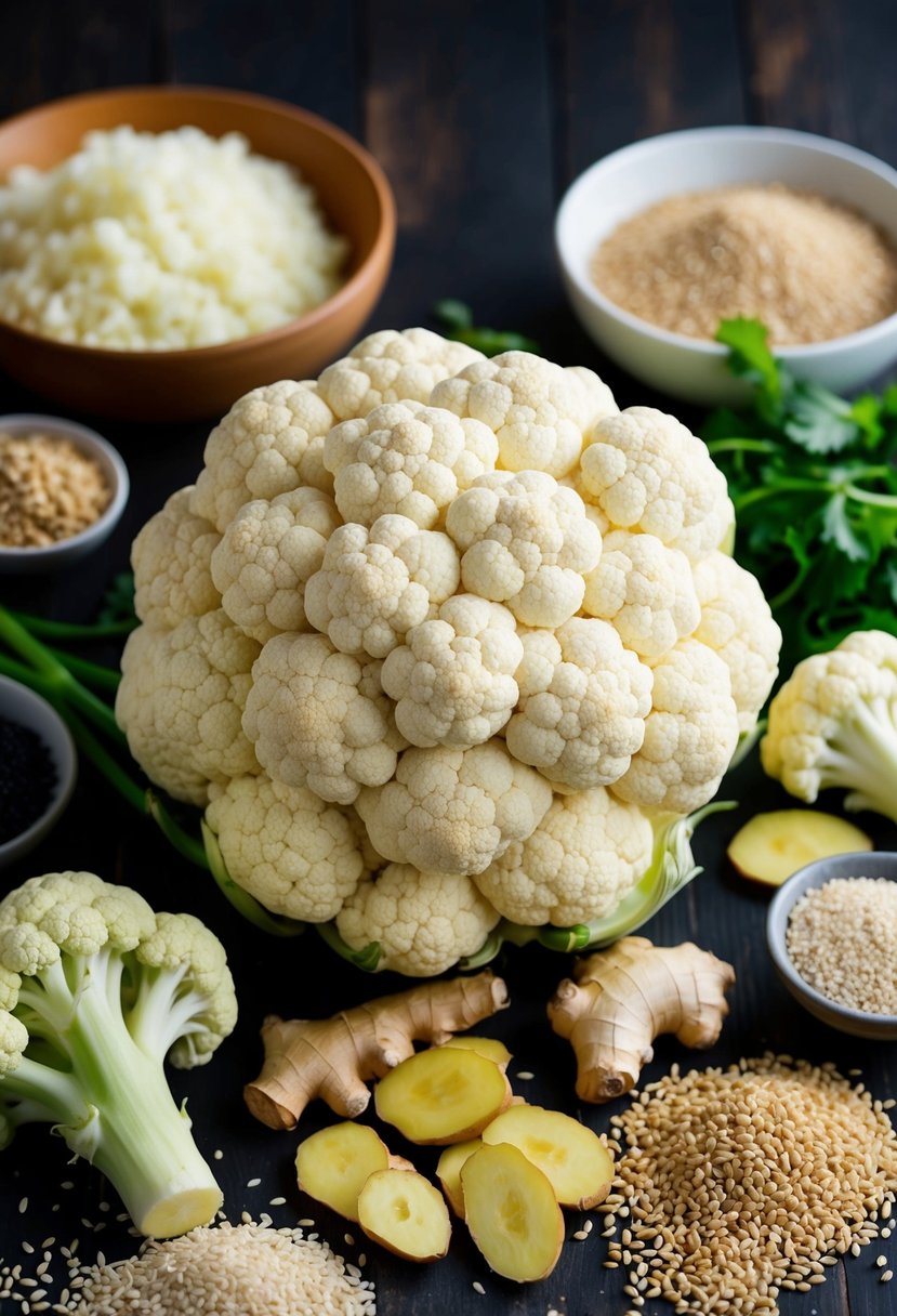 A head of cauliflower surrounded by sesame seeds, ginger, and other Asian-inspired ingredients