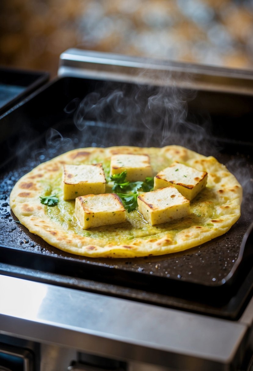 A steaming hot Paneer and Potato Paratha being cooked on a sizzling griddle