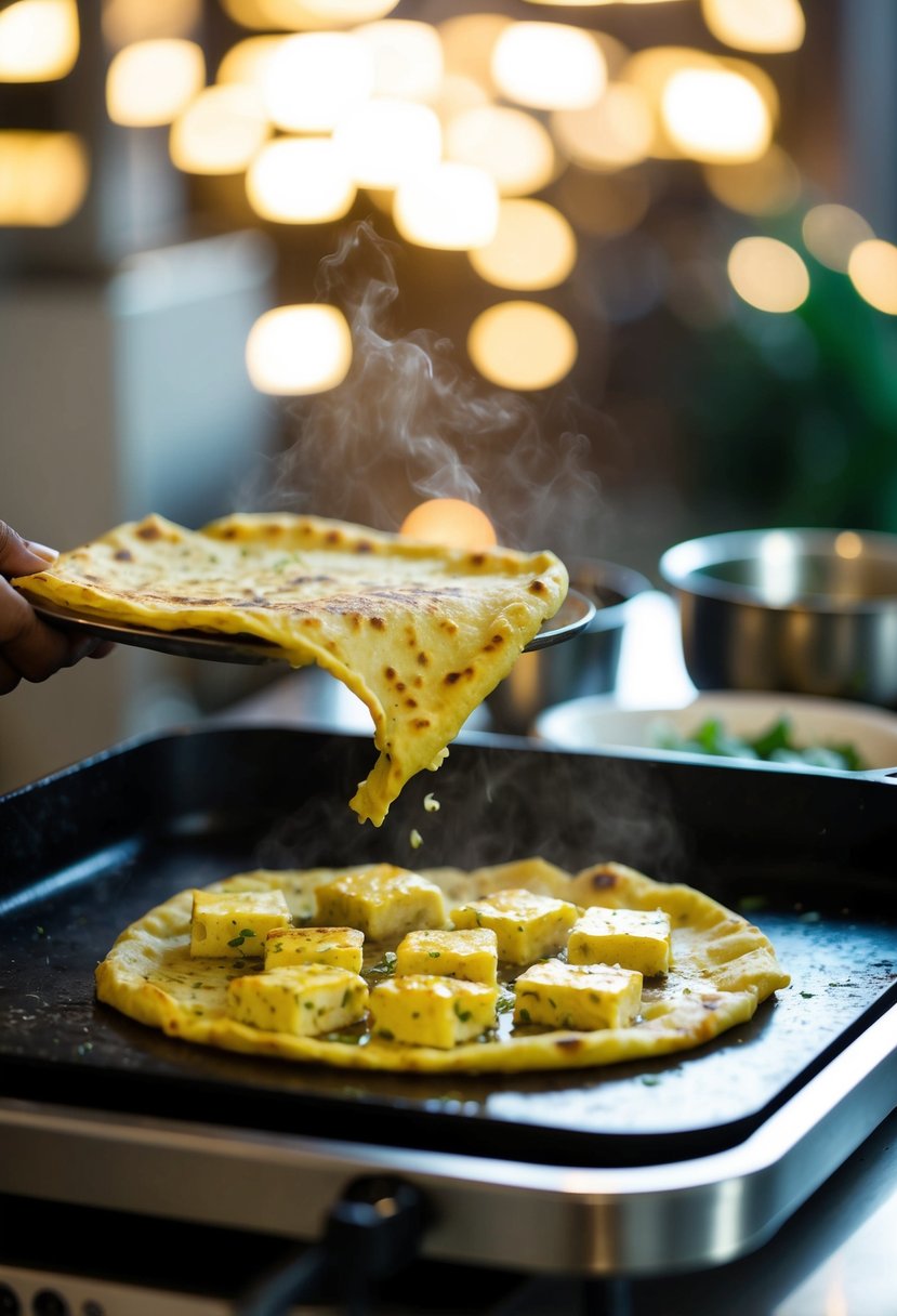 A sizzling hot garlic paneer paratha being cooked on a griddle