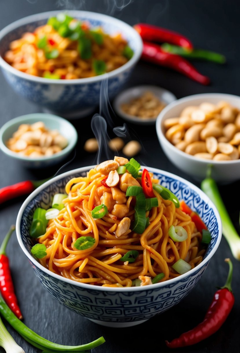 A steaming bowl of Sichuan Spicy Peanut Noodles surrounded by vibrant, fresh ingredients like chili peppers, green onions, and peanuts