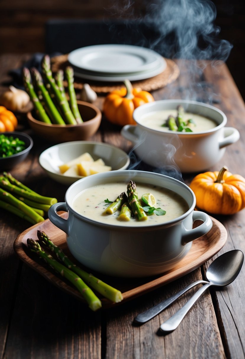 A rustic kitchen table set with a steaming bowl of creamy asparagus-potato soup, surrounded by fresh asparagus spears and other Thanksgiving ingredients