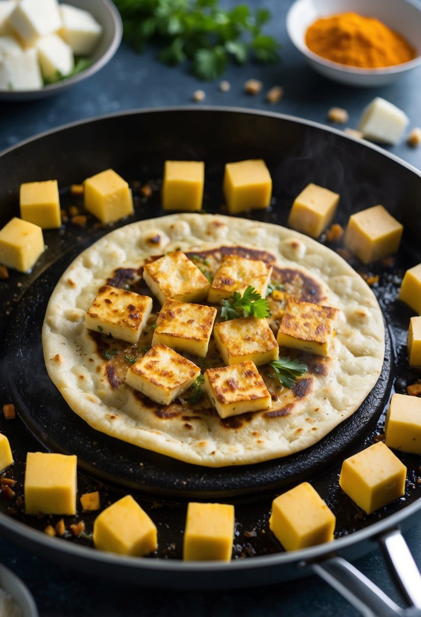 A sizzling hot paneer paratha being cooked on a griddle, surrounded by chunks of fresh cheese and aromatic spices